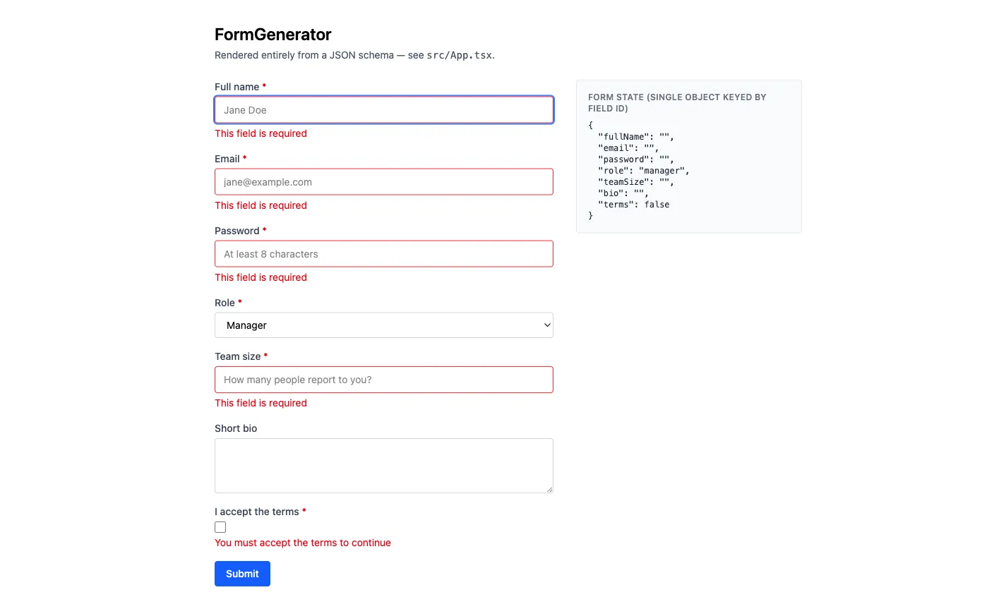 The form with Role set to Manager, which reveals a Team size field that was not rendered a moment earlier, while the state panel shows role now reading manager.