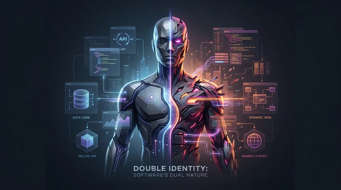 A figure split down the middle under the words Double Identity: one half a polished chrome android lit blue, the other a fractured red-lit body, each side ringed by its own floating code windows and diagrams.