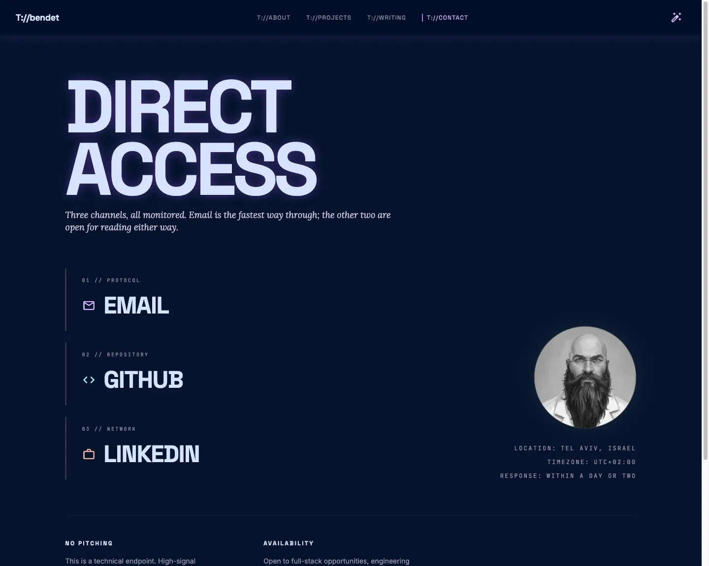 The Contact page, the words DIRECT ACCESS set huge and glowing above three numbered channels — email, GitHub and LinkedIn.