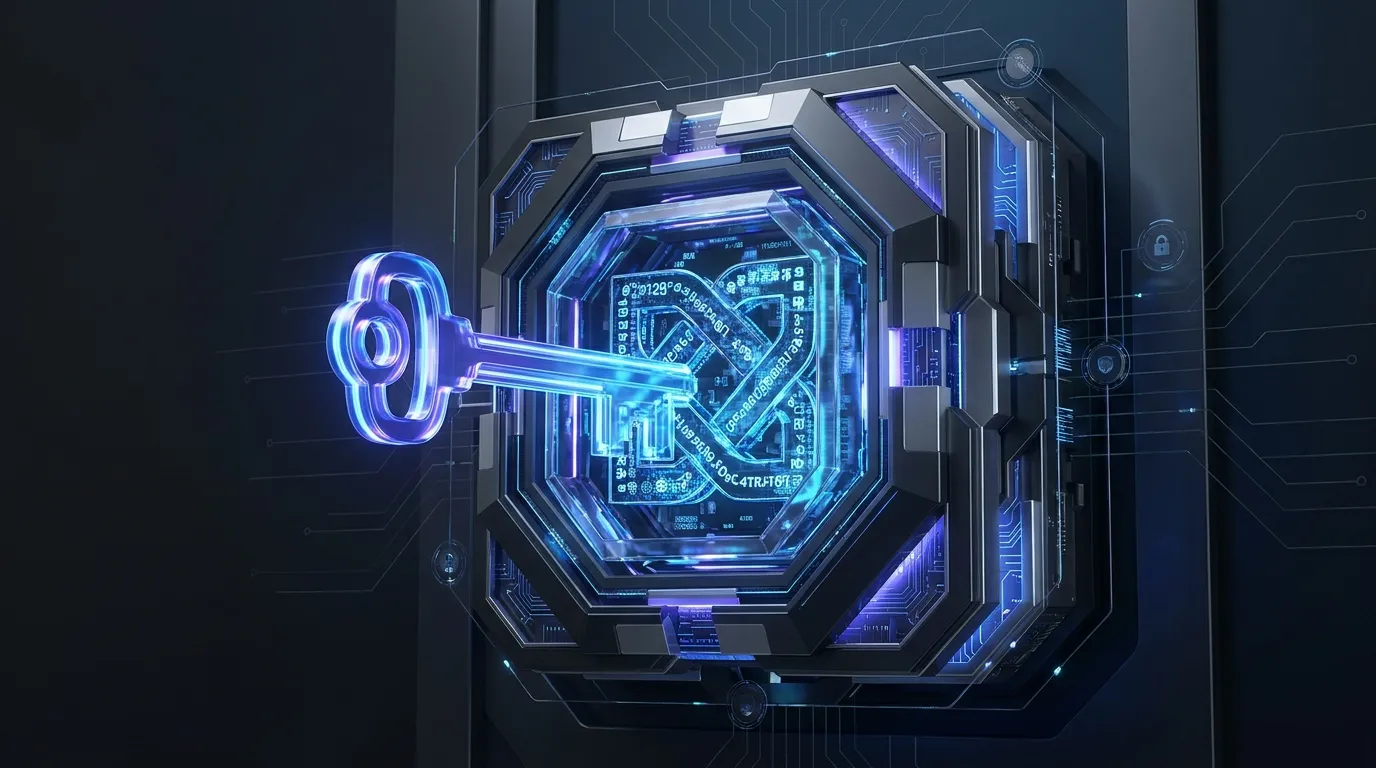 A glowing glass key entering an armoured octagonal vault door, the hexadecimal characters behind its window lit blue over circuit traces.